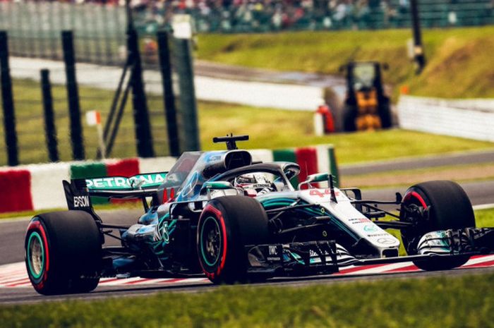 Lewis Hamilton (Mercedes) saat  menjalani sesi balapan F1 GP Jepang 2018 yang berlangsung Minggu (7/10/2018).