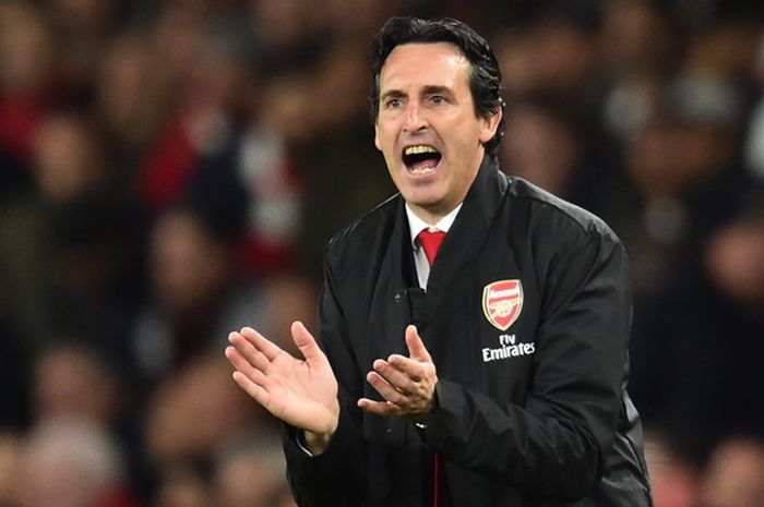 Ekspresi pelatih Arsenal, Unai Emery, dalam laga Liga Inggris melawan Leicester City di Stadion Emirates, London, Inggris pada 22 Oktober 2018.