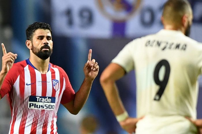 Selebrasi striker Atletico Madrid, Diego Costa, seusai mencetak gol ke gawang Real Madrid pada pertandingan Piala Super Eropa 2018 di Stadion Lillekula, Tallinn, Estonia, pada 15 Agustus 2018.