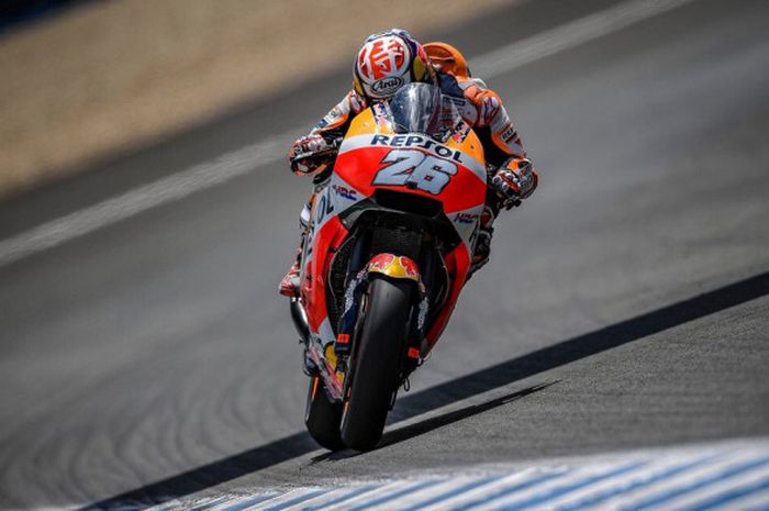 Pebalap repsol Honda, Dani Pedrosa, saat sedang beraksi pada sesi kualifikasi MotoGP Spanyol 2018 yang digelar di Sirkuit Jerez pada Sabtu (5/5/2018).