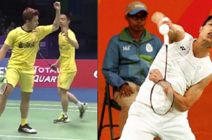 Marcus Fernaldi Gideon/Kevin Sanjaya Sukamulj (kiri) dan Choun Tien Chen (kanan)