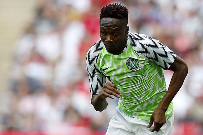 Aksi striker Nigeria, Ahmed Musa, saat tampil melawan Inggris dalam laga uji coba di Stadion Wembley, London, pada 2 Juni 2018.