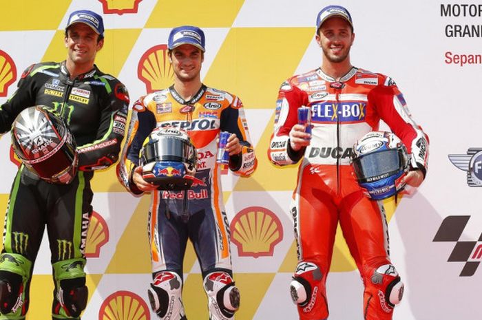  Johann Zarco, Dani Pedrosa, dan Andrea Dovizioso, saat sesi kualifikasi MotoGP Malaysia, Sabtu (27/10/2017). 