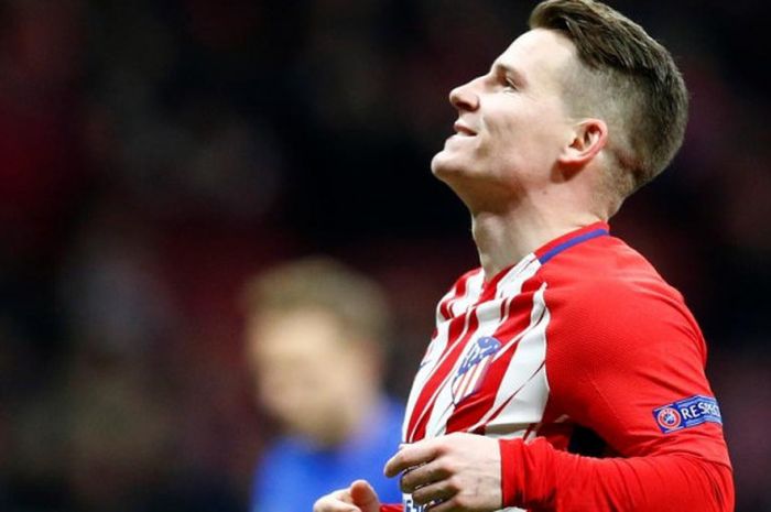 Reaksi striker Atletico Madrid, Kevin Gameiro, dalam partai Liga Europa lawan FC Kobenhavn di Wanda Metropolitano Stadium, 22 Februari 2018.