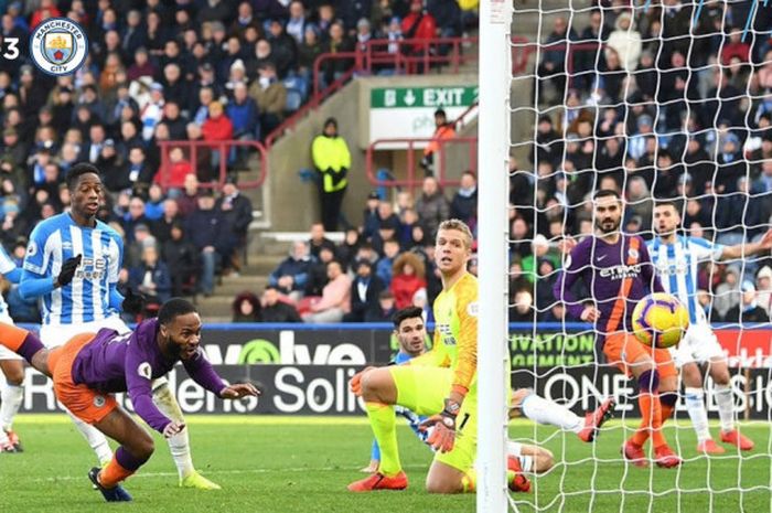 Penyerang Manchester City, Raheem Sterling, mencetak gol sundulan dalam laga Liga Inggris melawan Huddersfield Town di John Smith's Stadium, Huddersfield pada 20 Januari 2019.