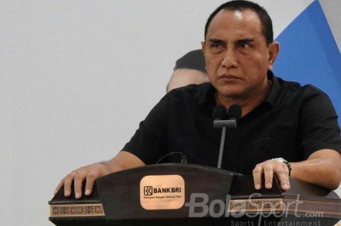  Ketua Umum PSSI, Edy Rahmayadi pada acara kerja sama PSSI-BRI, Rabu (1/8/2018). 