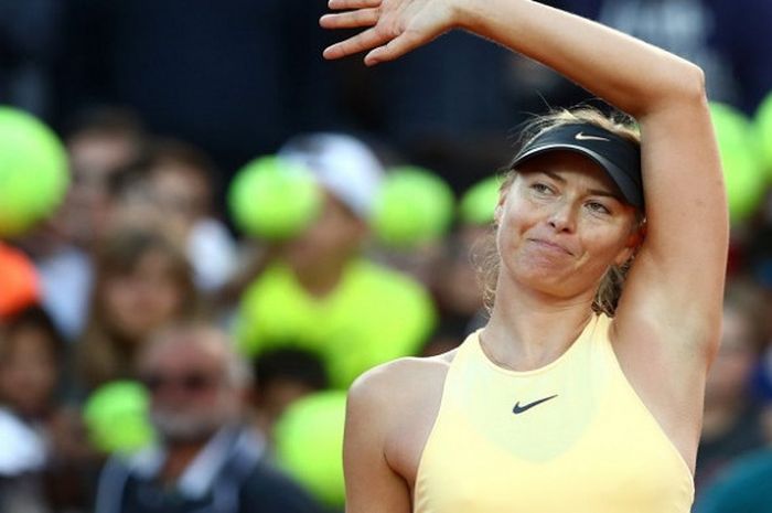 Ekspresi Maria Sharapova (Rusia) usai memenangi laga fase 16 besar Rome Open 2018, Kamis (17/5/2018).