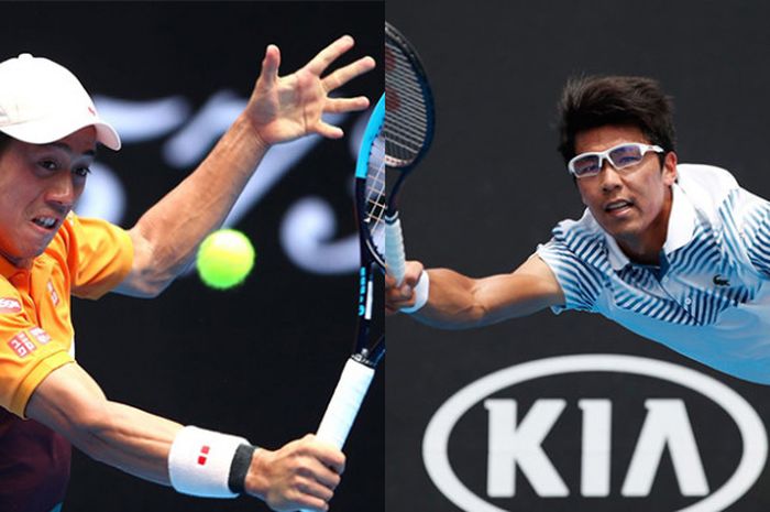 Aksi dua petenis tunggal putra asal Benua Asia, Kei Nishikori (Jepang/kiri) dan Chung Hyeong (Korea Selatan/kanan), pada laga babak pertama Australian Open 2019, Selasa (15/1/2019).