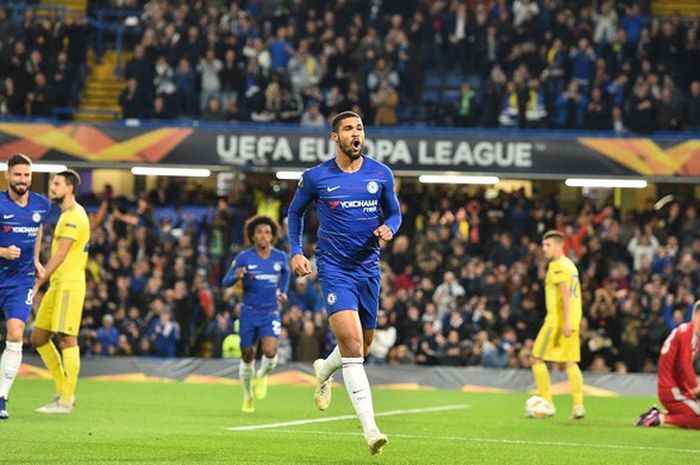 Gelandang Chelsea, Ruben Loftus-Cheek, merayakan gol yang dicetak ke gawang BATE Borisov dalam laga Grup L Liga Europa di Stadion Stamford Bridge, London, Inggris pada 25 Oktober 2018.