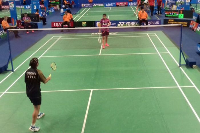 Gregoria Mariska tampil di Kejuaraan Dunia Bulu Tangkis Junior (World Junior Championships) 2017 di GOR Among Rogo, Yogyakarta, Jumat (13/10/2017).