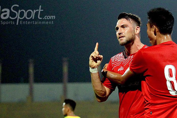 Penyerang Persija Jakarta, Marco Simic, melakukan selebrasi seusai mencetak gol ke gawang Kedah FA d