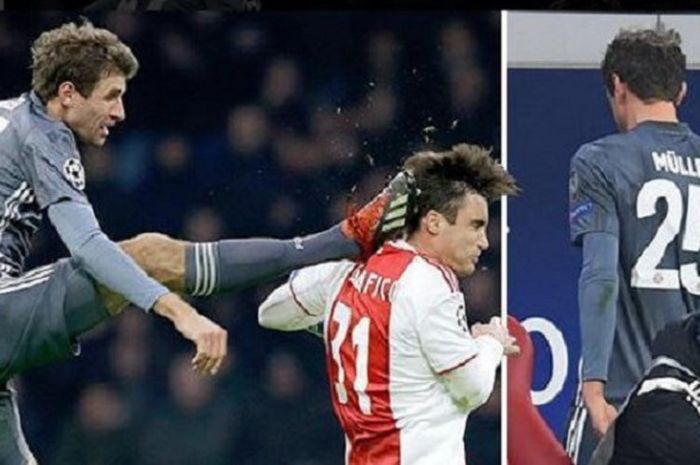 Striker Bayern Muenchen, Thomas Mueller, saat terlibat insiden tendangan kungfu dengan bek Ajax Amsterdam, Nicolas Tagliafico, pada matchday keenam Liga Champions, Rabu (12/12/2018)