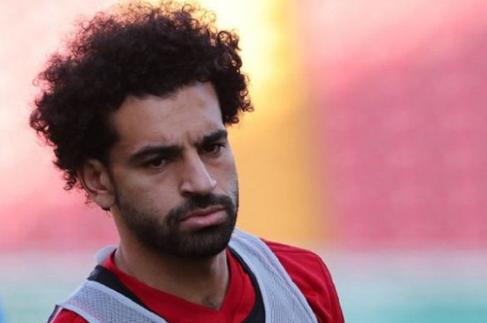   Mohamed Salah menjalani latihan di Akhmat Arena, Grozny, pada 22 Juni 2018.   