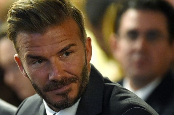  Ekspresi mantan pesepak bola Inggris, David Beckham, dalam pertemuan Southern Nevada Tourism Infrastructure Committee di University of Nevada-Las Vegas (UNLV), Las Vegas, Nevada, Amerika Serikat, pada 28 April 2016. 