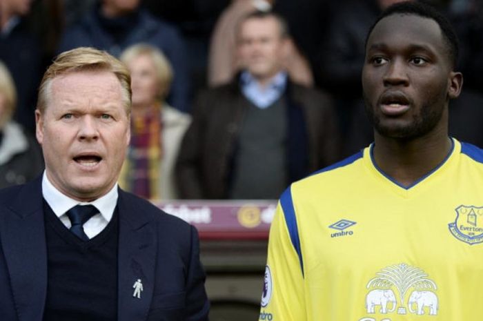 Romelu Lukaku (kanan) bersama pelatih Ronald Koeman dalam partai Liga Inggris antara Everton lawan Burnley di Stadion Turf Moor, Burnley, 22 Oktober 2016.