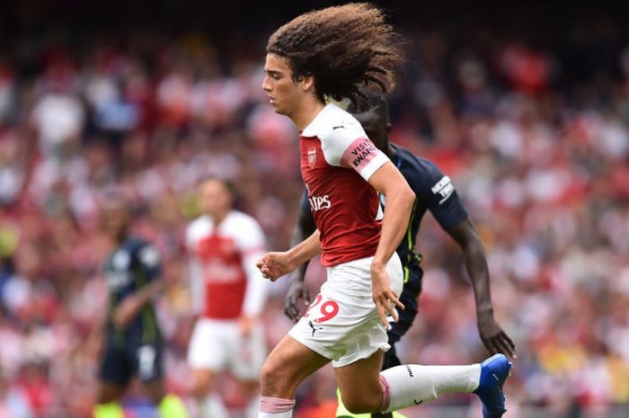  Gelandang Arsenal, Matteo Guendouzi, beraksi pada laga Liga Inggris kontra Manchester City di Stadion Emirates, London, Inggris, pada Minggu (12/8/2018). 