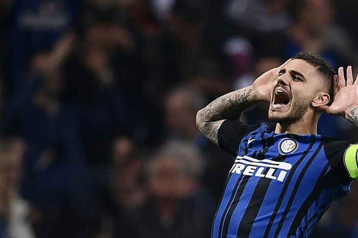 Bomber Inter Milan, Mauro Icardi, melakukan selebrasi setelah mencetak gol ke gawang Juventus pada laga lanjutan Liga Italia di Stadion Giuseppe Meazza, Sabtu (28/4/2018) waktu setempat atau Minggu dini hari WIB.