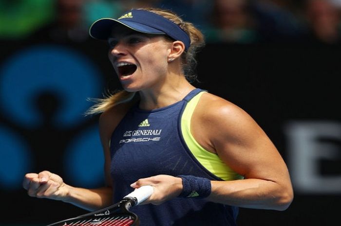 Ekspresi Angelique Kerber (Jerman) usai meraih kemenangan atas Madison Keys pada babak perempat final Australian Open 2018 yang digelar Rabu (24/1/2018).