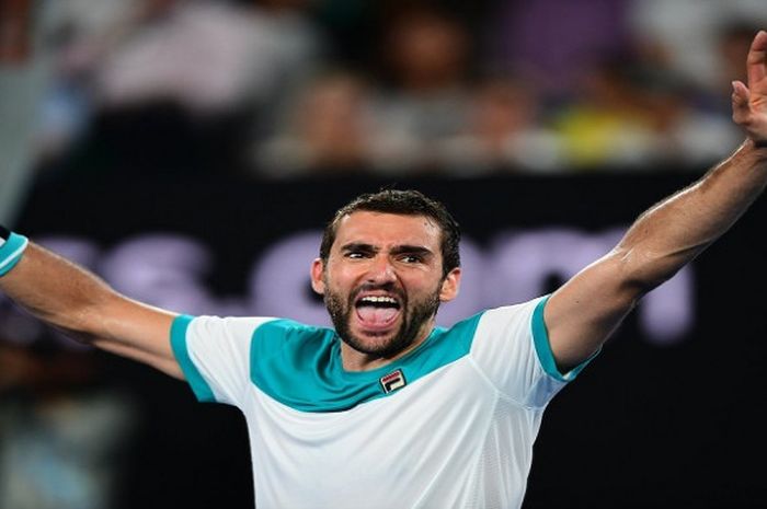 Ekspresi Marin Cilic usai memenangi laga atas Kyle Edmund pada semifinal Australian Open 2018 yang digelar Kamis (25/1/2018)