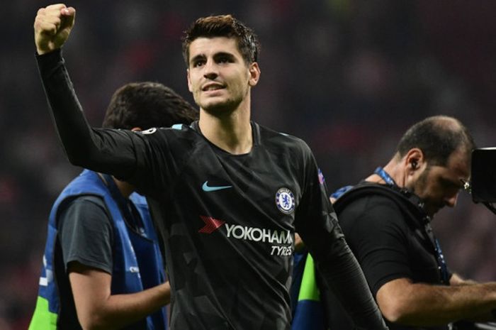 Alvaro Morata melakukan selebrasi di pertandingan Liga Champions melawan Atletico Madrid di Stadion Wanda Metropolitano pada 27 September 2017.