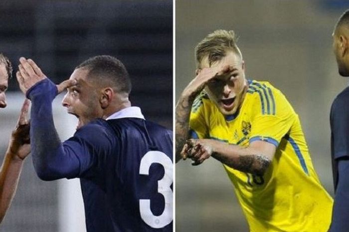 Penyerang timnas U-21 Swedia, John Guidetti, membalas ejekan bek Prancis, Layvin Kurzawa, usai timnya mencetak gol kemenangan di menit akhir pertandingan kualifikasi Piala Eropa U-21 yang berlangsung di Stadion Orjans Vall, Halmstad, Swedia, pada 14 Oktober 2014.