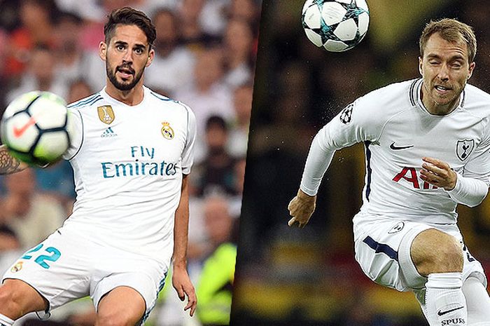 Dua penyaji elemen kreatif, Isco Alarcon (Real Madrid/kiri) dan Christian Eriksen (Tottenham), bakal adu kreasi serangan dalam partai Liga Champions di Santiago Bernabeu, Madrid, 17 Oktober 2017.