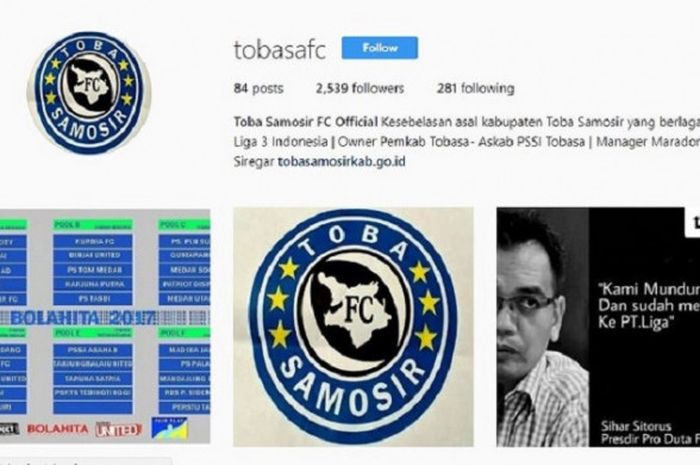 Akun Instagram Pro Duta FC yang berubah nama menjadi Tobasa FC.