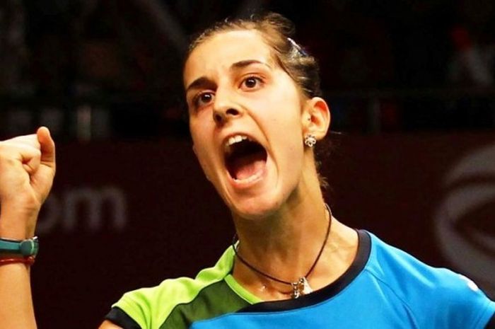 Pebulu tangkis asal Spanyol, Carolina Marin, tampil di Kejuaraan Dunia 2015 di Jakarta, 14 Agustus 2015.