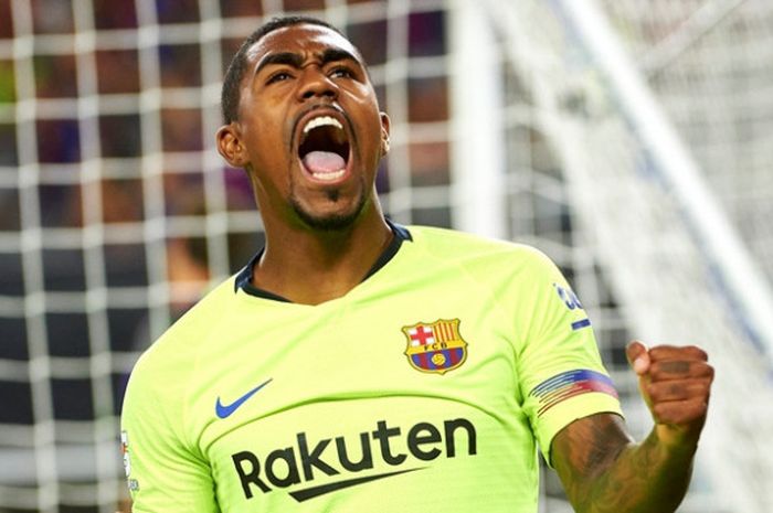 Penyerang Barcelona, Malcom, melaukan selebrasi seusai menjebol gawang AS Roma dalam laga ICC 2018 di AT&T Stadium, Selasa (31/7/2018)