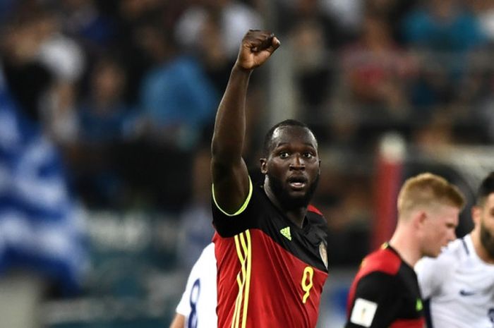 Romelu Lukaku mencetak gol timnas Belgia ke gawang Yunani pada partai Grup H Kualifikasi Piala Dunia 2018 zona Eropa di Stadion Georgios Karaiskakis, Minggu (3/9/2017).