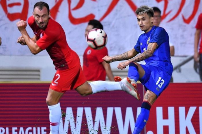 Bek kanan timnas Thailand, Phillip Roller (kanan) saat melepaskan sepakan dan coba dihadang pemain bertahan Hong Kong, Dani Cancela pada uji coba FIFA Match Day di Stadion Mong Kok, 11 Oktober 2018. 