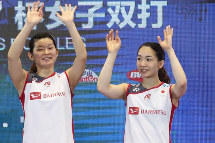 Ekspresi kemenangan Misaki Matsutomo/Ayaka Takahashi (Jepang) di final China Open 2018, Minggu (23/9/2018) di Changzhou, China.  