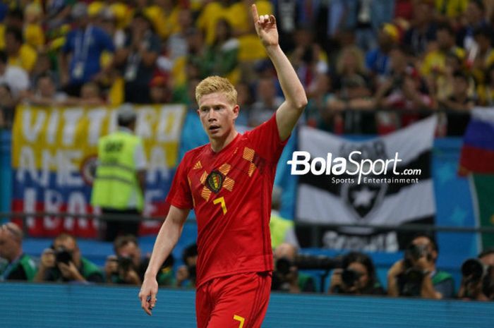 Gelandang Belgia, Kevin De Bruyne, merayakan gol ke gawang Brasil dalam babak perempat final Piala Dunia 2018, 6 Juli 2018 di Kazan Arena.