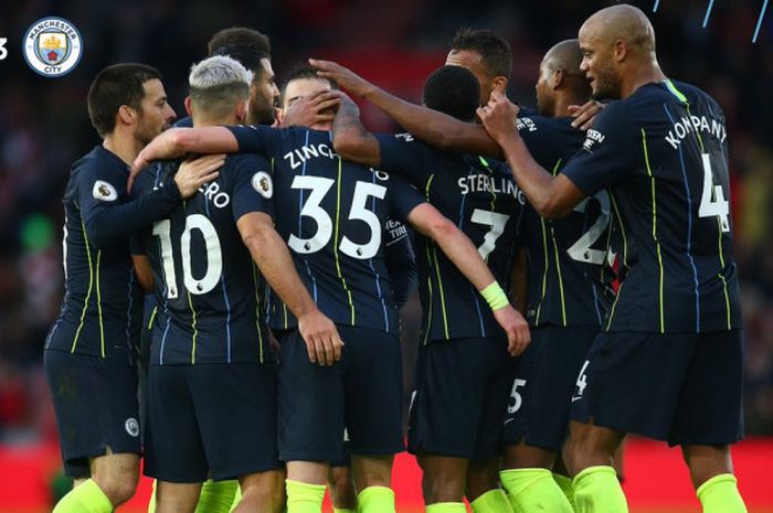 Selebrasi pemain Manchester City saat merayakan kemenangan atas Southampton di St. Mary Stadium pada lanjutan Liga Inggris pekan ke-20, Minggu (30/12/2018).