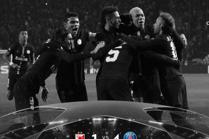 Para pemain Paris Saint-Germain merayakan gol yang dicetak ke gawang Crvena Zvezda dalam laga Grup C Liga Champions di Stadion Rajko Mitic, Belgrade pada 11 Desember 2018.