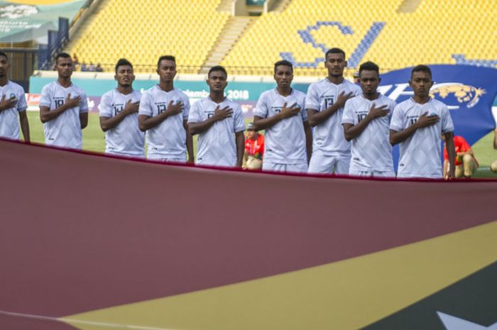 Skuat Timor Leste pada babak penyisihan sepakbola Grup C Asian Games 2018 di Stadion Si Jalak Harupat, Soreang, Kabupaten Bandung, Jawa Barat, Selasa (14/8).