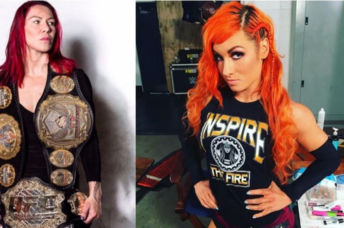 Cris Cyborg (kiri) diisukan akan menghadapi Becky Lynch (kanan) di arena WWE pada saat SummerSlam (20/8/2017).