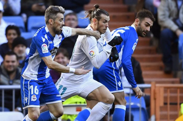 Winger Real Madrid, Gareth Bale, dalam laga Liga Spanyol kontra Deportivo La Coruna di Santiago Bernabeu, Minggu (21/1/2018)