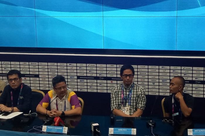 Suasana konferensi pers seremoni penutupan Asian Games 2018 di Jakarta Convention Centre (JCC) Senayan, Jakarta, Senin (27/8/2018)