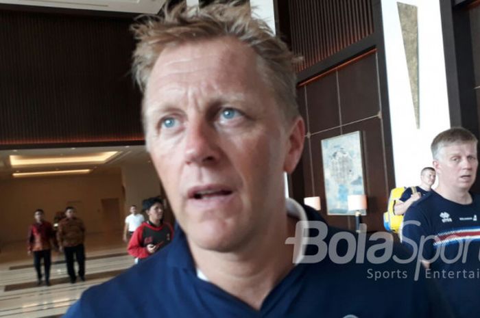 Pelatih Timnas Islandia, Heimir Hallgrimsson, di Hotel Fairmount, Senayan, Jakarta Pusat, Sabtu (13/1/2018)