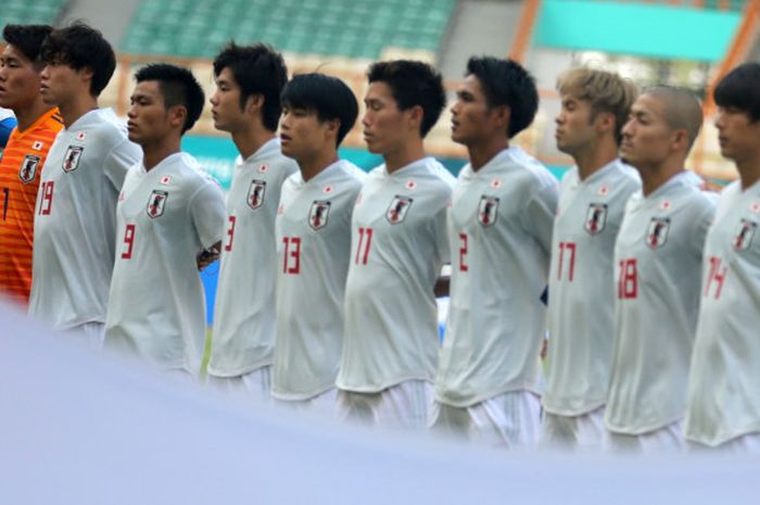 Timnas U-23 Jepang saat akan melakoni laga Grup D Asian Games 2018 kontra Pakistan di Stadion Wibawa Mukti, Cikarang, Kamis (16/8/2018).