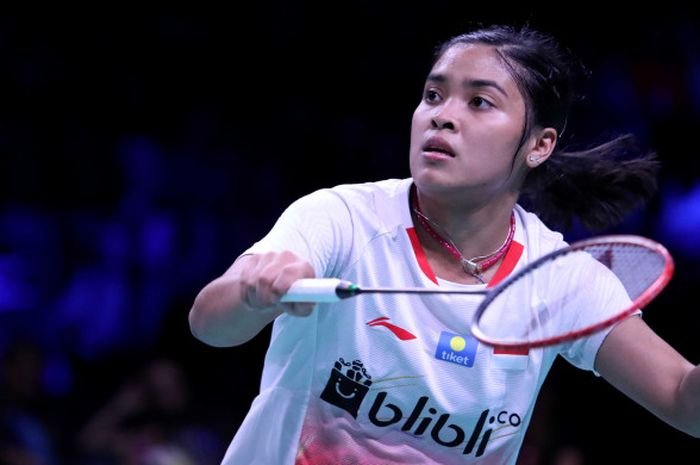  Gregoria Mariska Tunjung saat berhadapan dengan Saina Nehwal (India) pada babak semifinal Denmark Open 2018 di Odense Sports Park, Denmark, Sabtu (20/10/2018).  