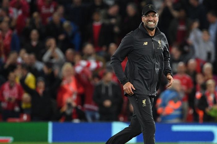 Ekspresi pelatih Liverpool FC, Juergen Klopp, seusai laga Grup C Liga Champions kontra Paris Saint-Germain di Stadion Anfield, Liverpool, Inggris pada 18 September 2018.