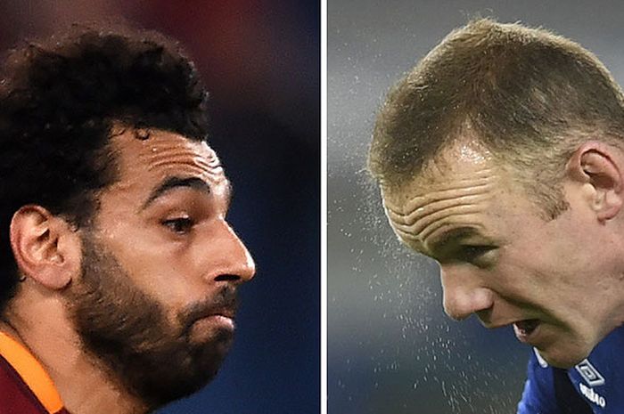 Striker Liverpool yang sedang on-fire, Mohamed Salah (kiri), adu ketajaman dengan dengan striker Everton, Wayne Rooney, di Anfield.