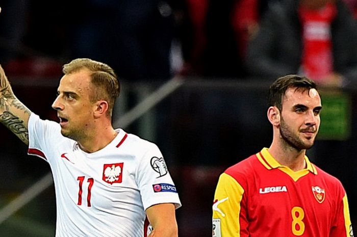 Pemain sayap Tim Nasional Polandia, Kamil Grosicki, melakukan selebrasi setelah mencetak gol ke gawang Montenegro di laga penentuan kualifikasi Piala Dunia 2018 Grup E di Stadion Narodowy, Minggu (8/10/2017).