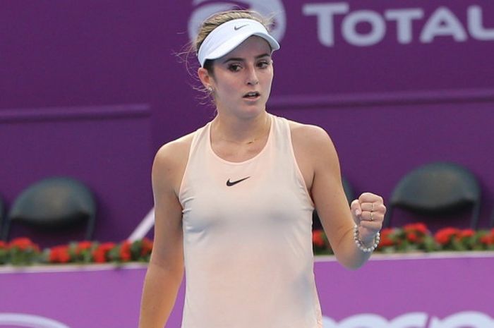 Ekspresi petenis muda asal Amerika Serikat, CiCi Bellis, saat menghadapi Karolina Pliskova pada babak 16 besar Qatar Open 2018 yang digelar Kamis (15/2/2018).