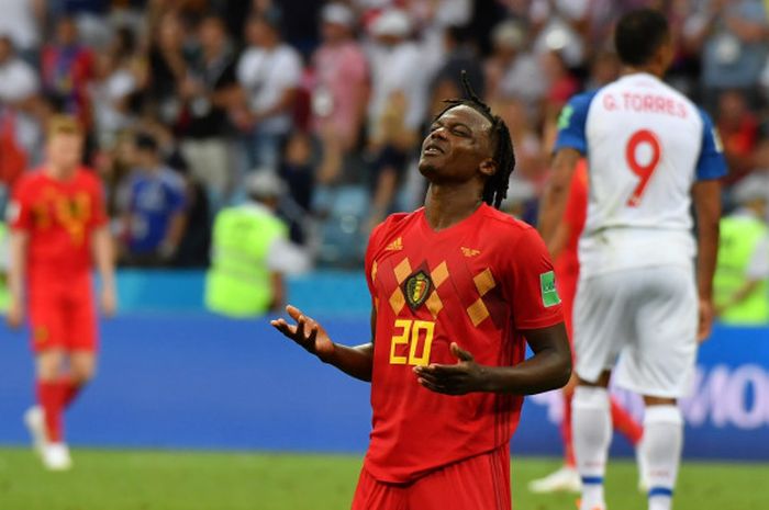 Bek timnas Belgia, Dedryck Boyata, merayakan kemenangan timnya atas Panama di Grup G Piala Dunia 2018, 18 Juni 2018 di Fisht Stadium, Sochi.