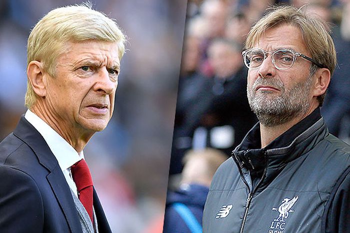   Pelatih Arsenal, Arsene Wenger (kiri), bersiap menghadapi gaya ofensif khas arsitel Liverpool, Juergen Klopp.  