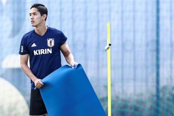 Yoshinori Muto dalam sesi latihan timnas Jepang di Kazan, 30 Juni 2018, saat persiapan laga di Piala Dunia 2018.