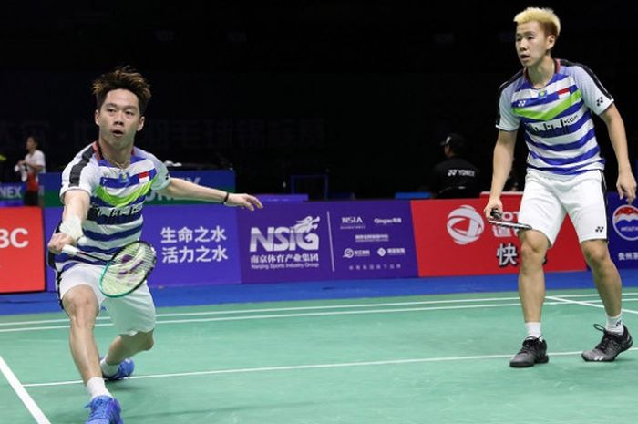 Marcus Fernaldi Gideon/Kevin Sanjaya Sukamuljo saat tampil pada babak 16 besar Kejuaraan Dunia Bulu Tangkis 2018 yang digelar di Nanjing, China, pada Kamis (2/8/2018).